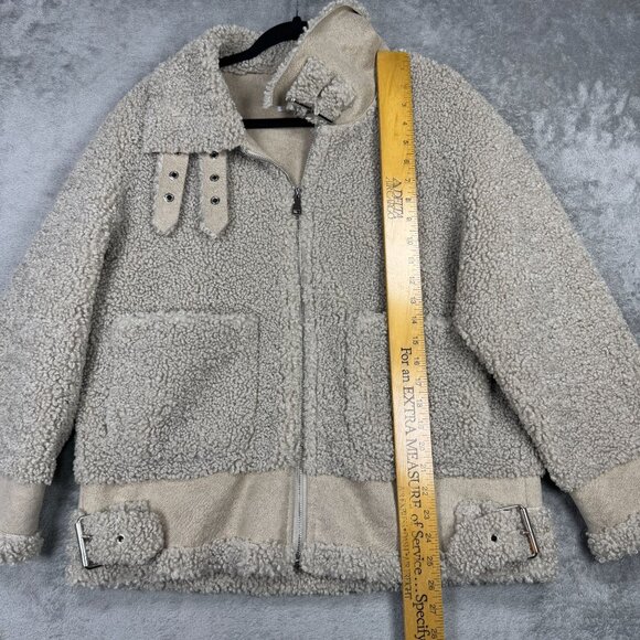 Jules Kae Kylie Sherpa Moto Jacket Aviator Neutral Teddy Fleece Faux Suede Trim - Picture 12 of 13
